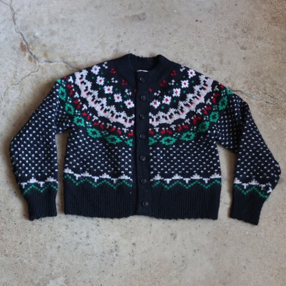 Vintage Fair Isle Cardigan Sweater Universal Thread M Black Red Green Holiday